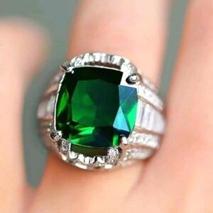 5Ct Cushion Lab Created Emerald Solitaire Engagement Ring 14K White Gold Plated
